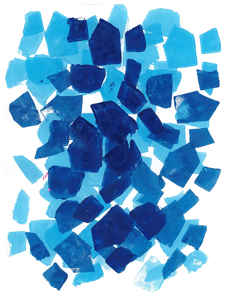 Light and dark blue polygons scattered on a white background